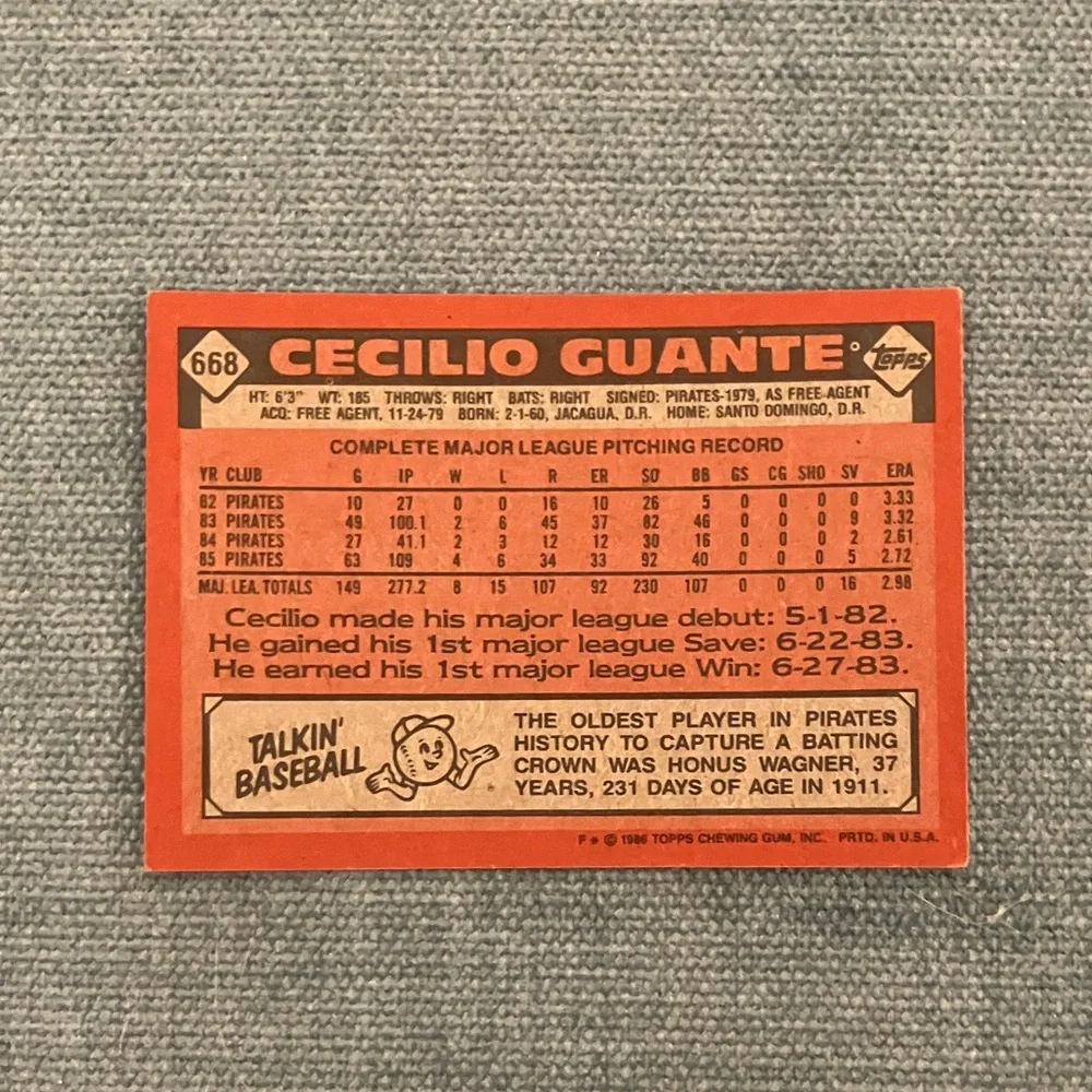1986 Topps Pittsburgh Pirates Baseball Card - Picture 2 of 2